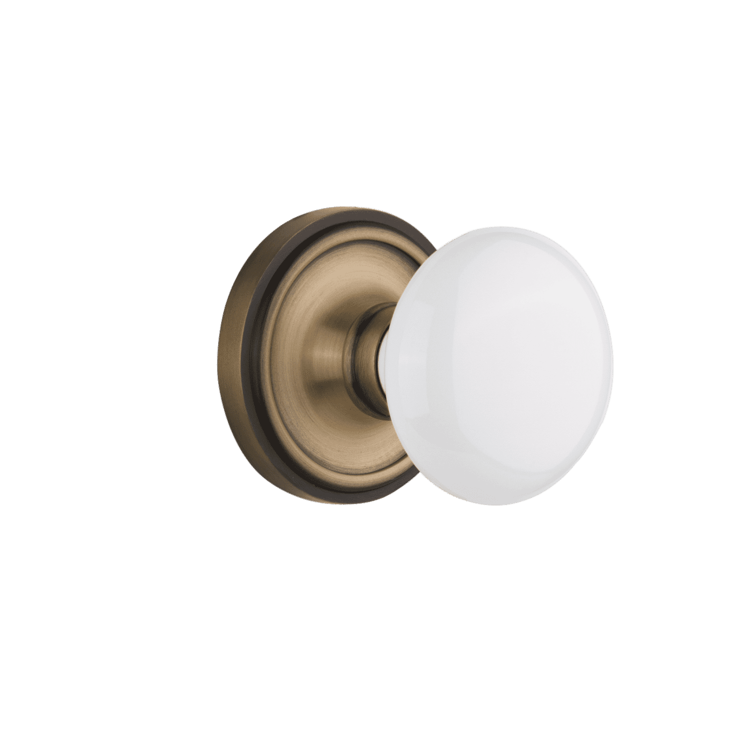 Classic Rosette with White Porcelain Knob in Antique Brass