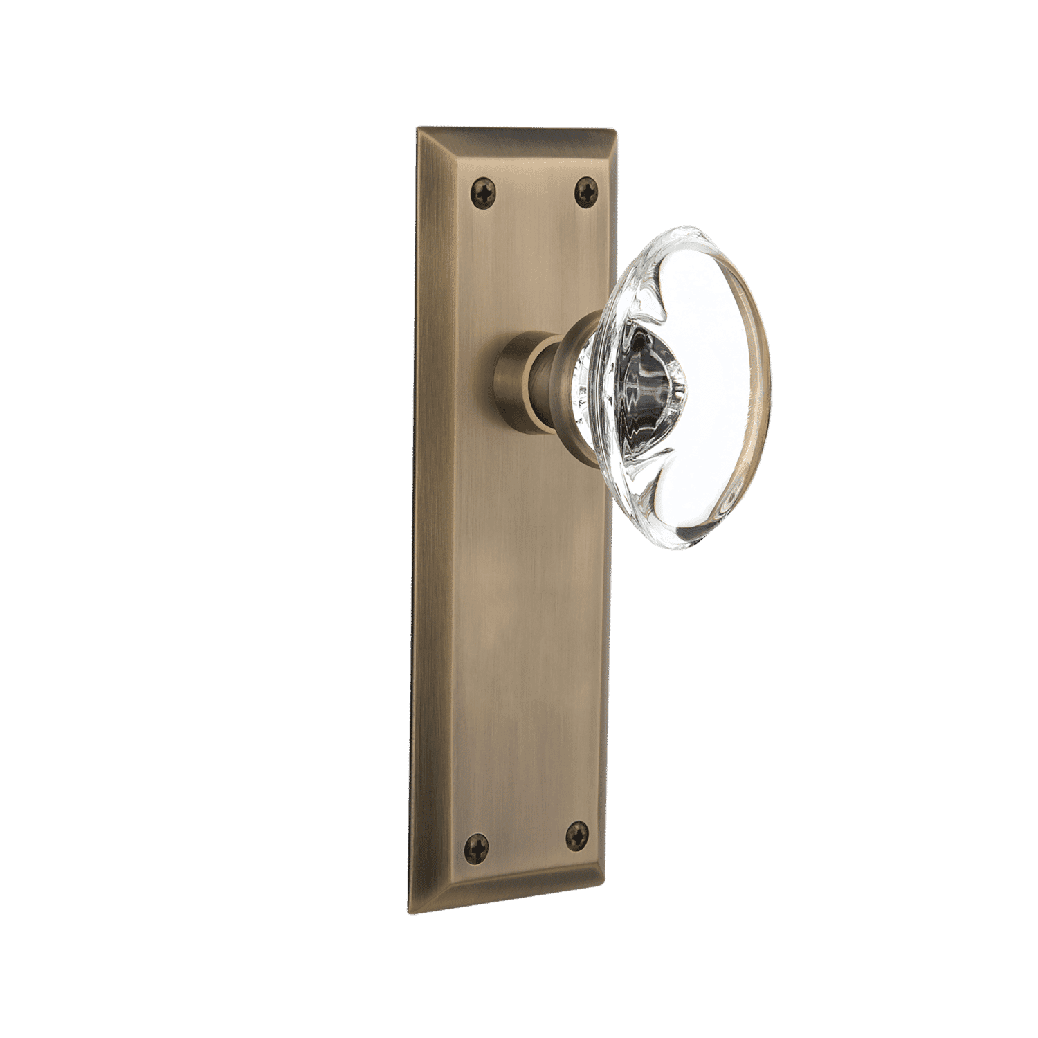 New York Long Plate with Oval Clear Crystal Knob in Antique Brass