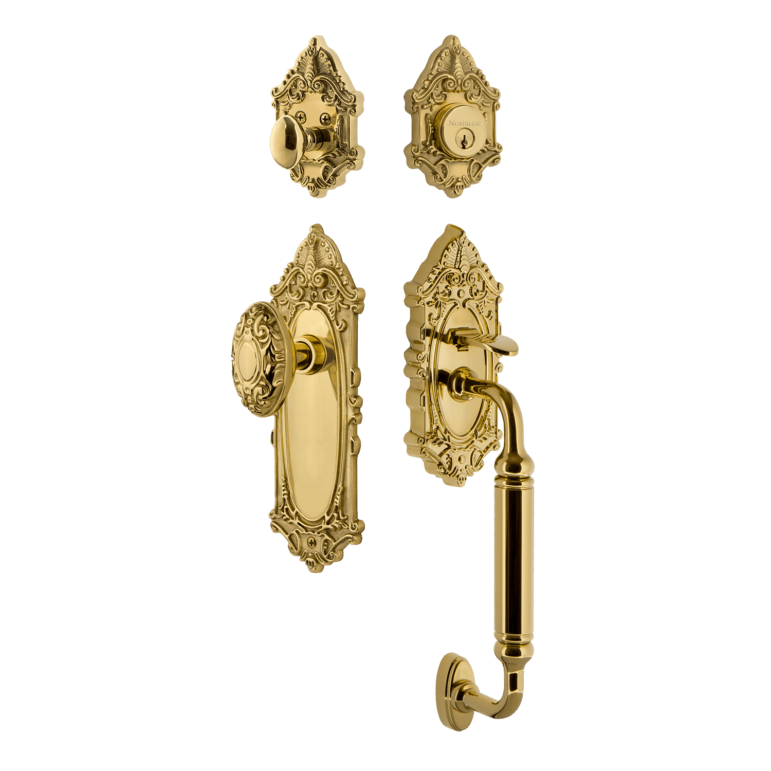 Victorian Plate C Grip Entry Set Victorian Knob in Polished Brass Victorian Plate C Grip Entry Set Victorian Knob in Polished Brass