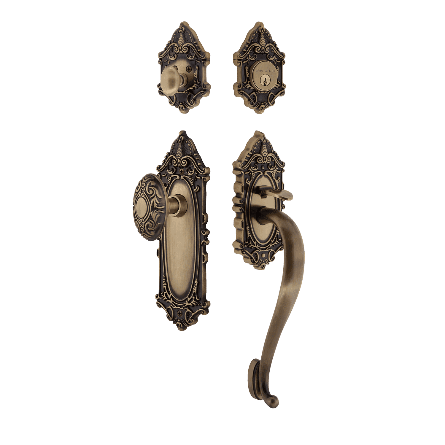 Victorian Plate S Grip Entry Set Victorian Knob in Antique Brass