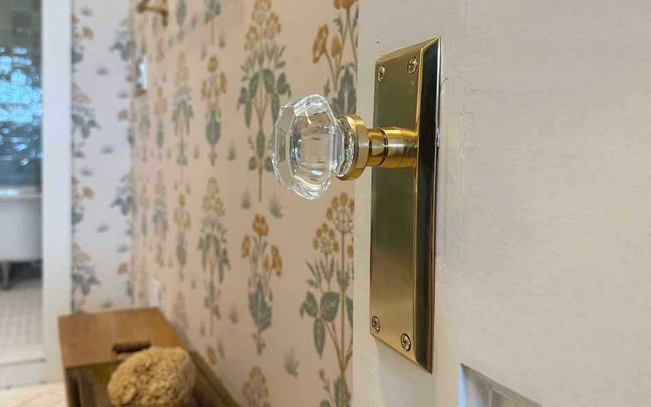 vintage home decor floral wallpaper swell stay unlacquered brass crystal knob door hardware nostalgic warehouse