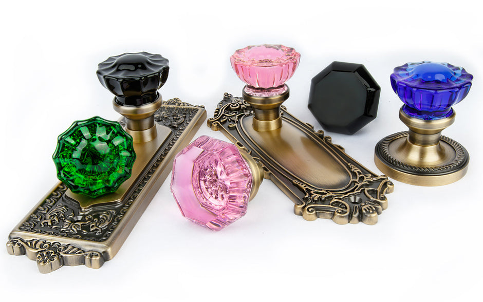 vintage antique brass door hardware with colored crystal knobs from nostalgic warehouse