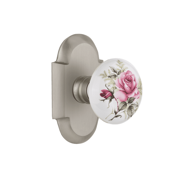 Cottage Short Plate with White Rose Porcelain Knob in Satin Nickel on white