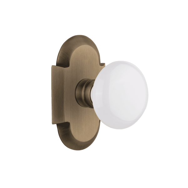 Cottage Short Plate with White Porcelain Knob in Antique Brass