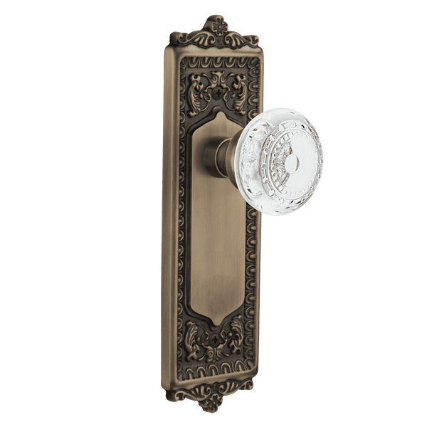 Egg & Dart Long Plate with Crystal Meadows Knob in Antique Brass