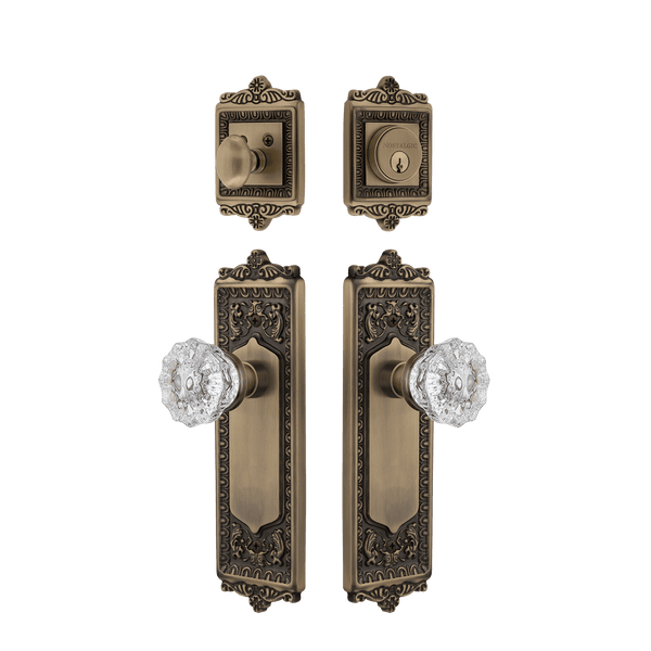 Egg & Dart Entry Set with Crystal Knob in Antique Brass