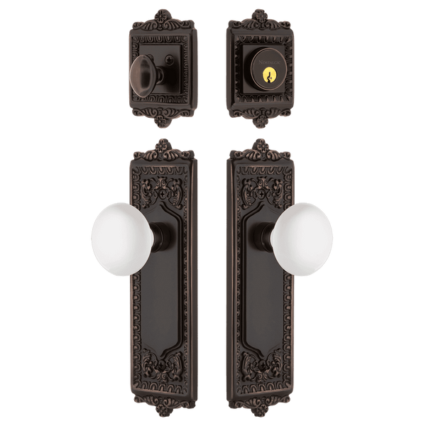 Egg & Dart Entry Set with White Porcelain Knob in Timeless Bronze