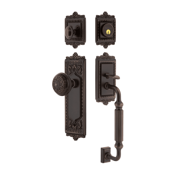 Egg & Dart Handleset with F-Grip and Egg & Dart Long Plate with Egg & Dart Knob in Timeless Bronze