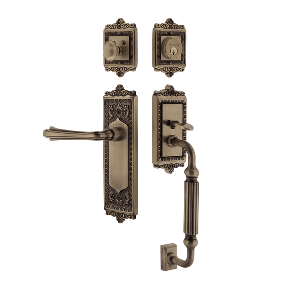 Egg & Dart Handleset with F-Grip and Egg & Dart Long Plate with Fleur Lever in Antique Brass