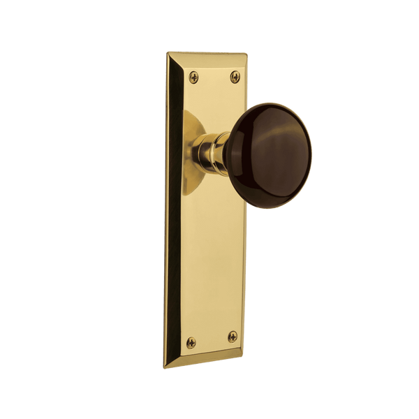 New York Long Plate with Brown Porcelain Knob in Unlacquered Brass