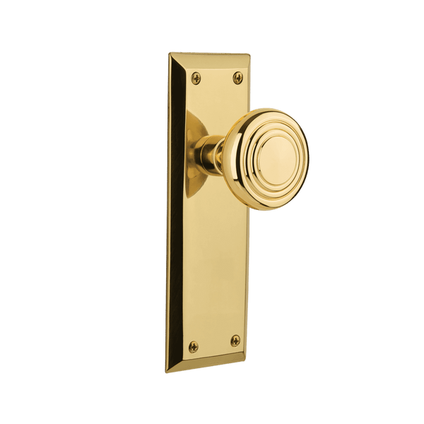 New York Long Plate with Deco Knob in Unlacquered Brass