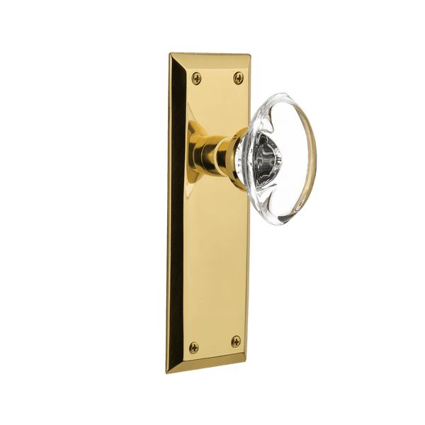 New York Long Plate with Oval Clear Crystal Knob in Polished Brass