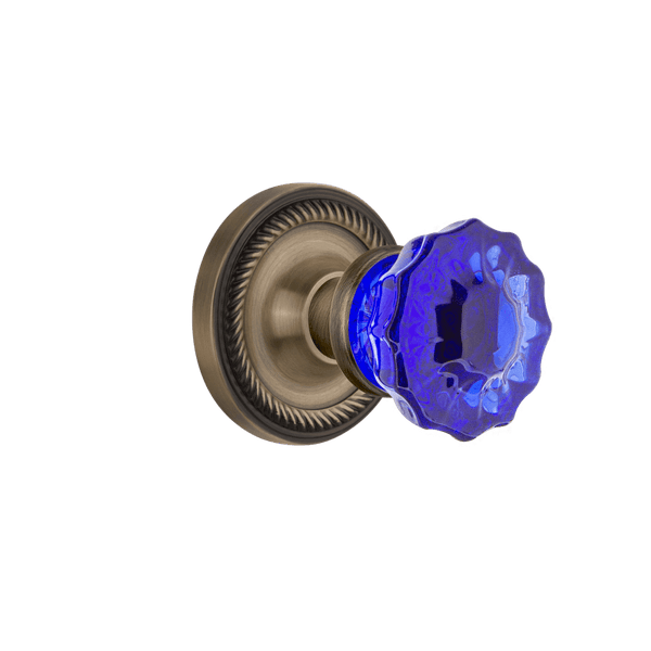 Rope Rosette with Cobalt Crystal Knob in Antique Brass