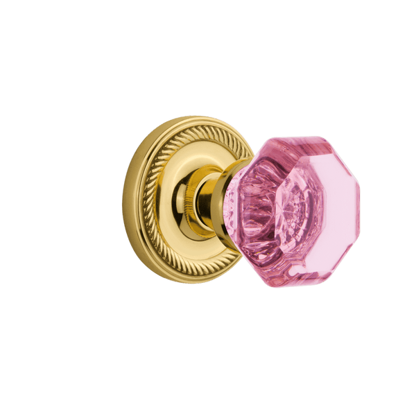 Rope Rosette with Pink Waldorf Knob in Unlacquered Brass on white