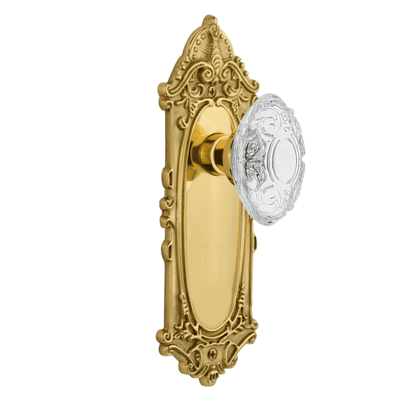 Victorian Long Plate with Crystal Victorian Knob in Polished Brass