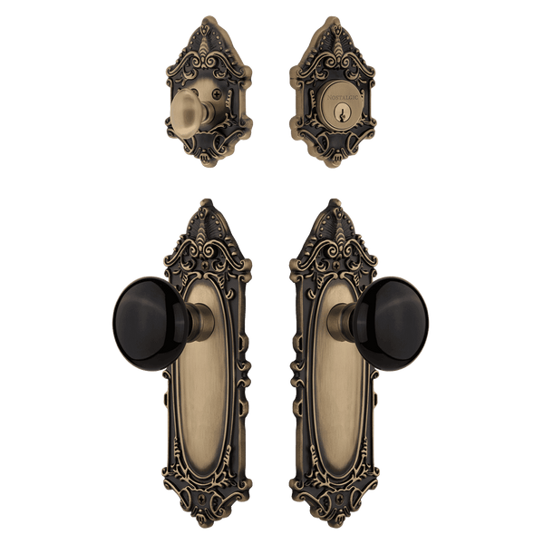 Victorian Entry Set with Black Porcelain Knob in Antique Brass