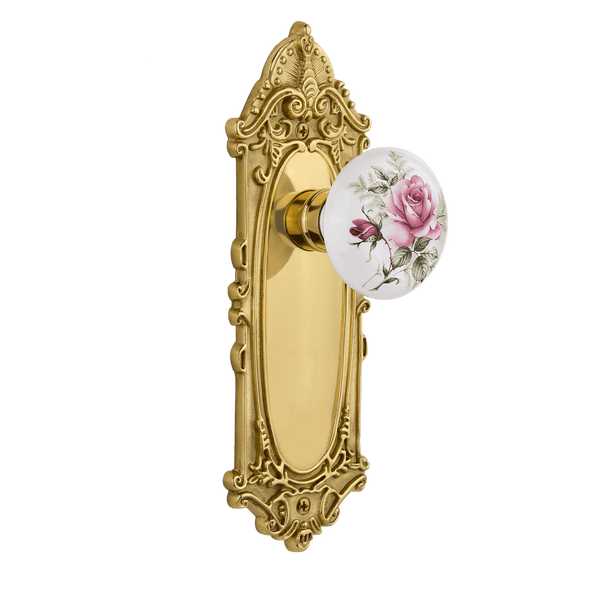 Victorian Long Plate with White Rose Porcelain Knob in Polished Brass