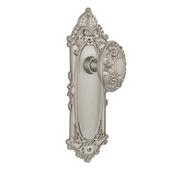 Victorian Long Plate with Victorian Knob in Satin Nickel on white